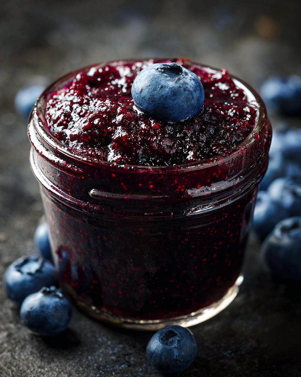 Close-up of a jar filled with glistening homemade blueberry jam, topped with a fresh blueberry.