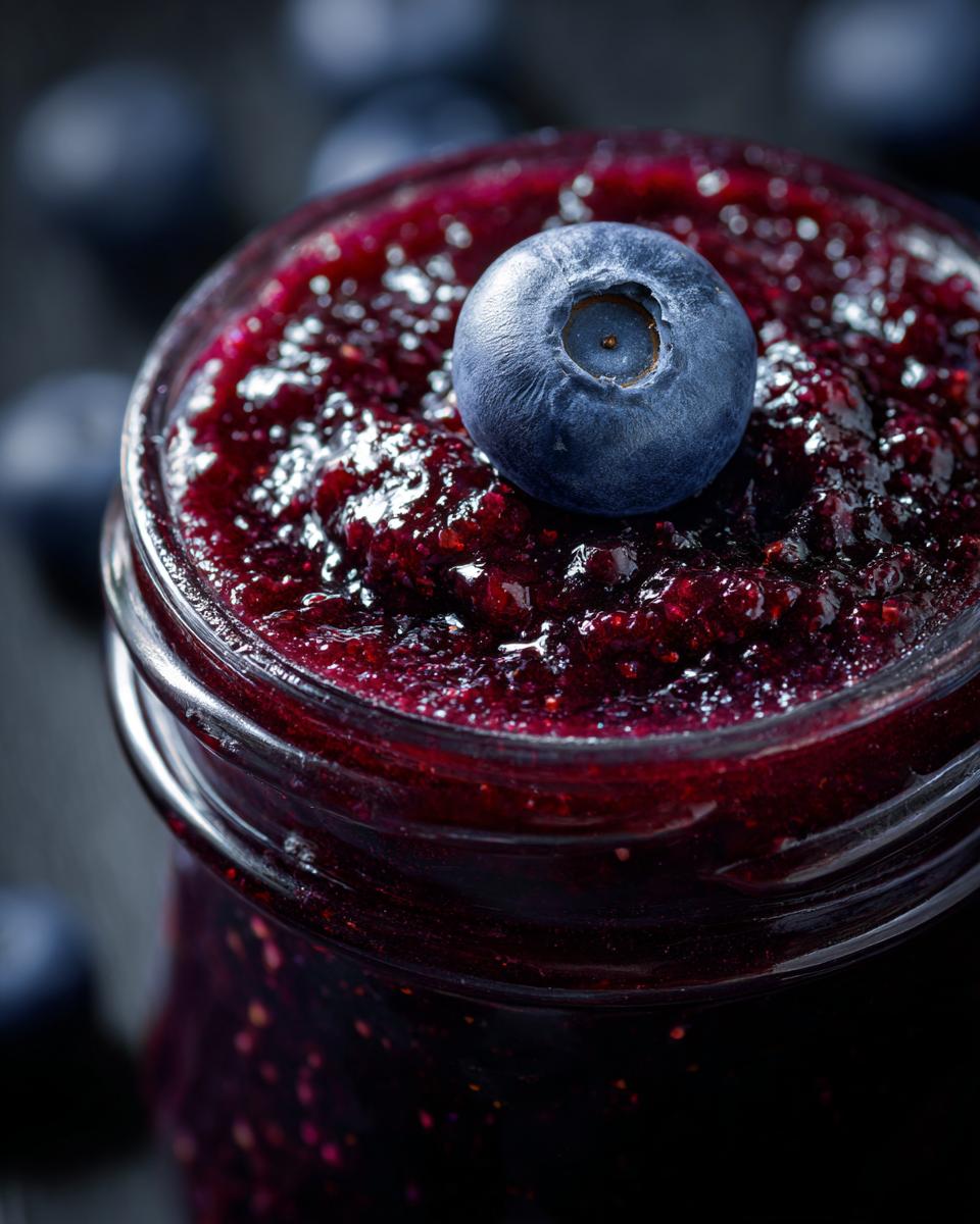 Close-up of a jar filled with glistening homemade blueberry jam, topped with a fresh blueberry.