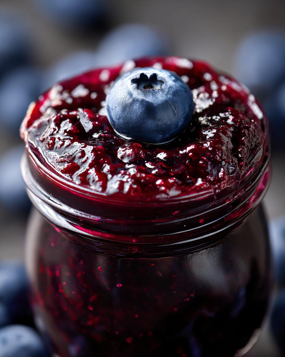Close-up of a jar filled with glistening blueberry jam, topped with a fresh blueberry.