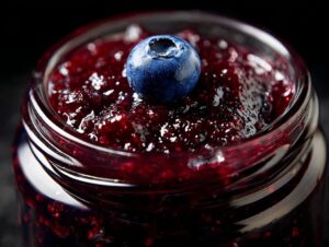 Close-up of a jar filled with glistening homemade blueberry jam, topped with a single fresh blueberry.