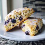 Two delicious blueberry scones topped with a white glaze, showcasing plump blueberries.
