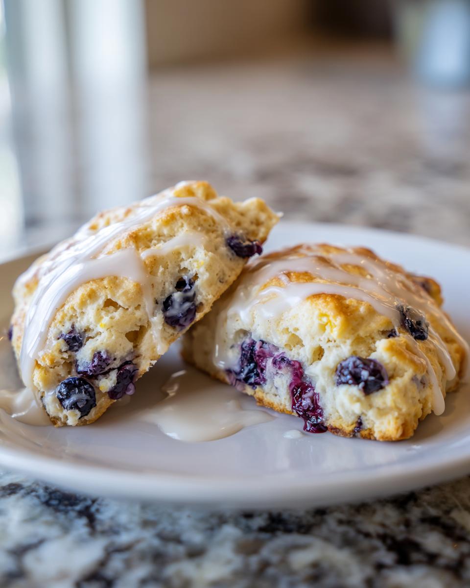 Two halves of a flaky blueberry scone drizzled with a white glaze, showing plump blueberries inside.