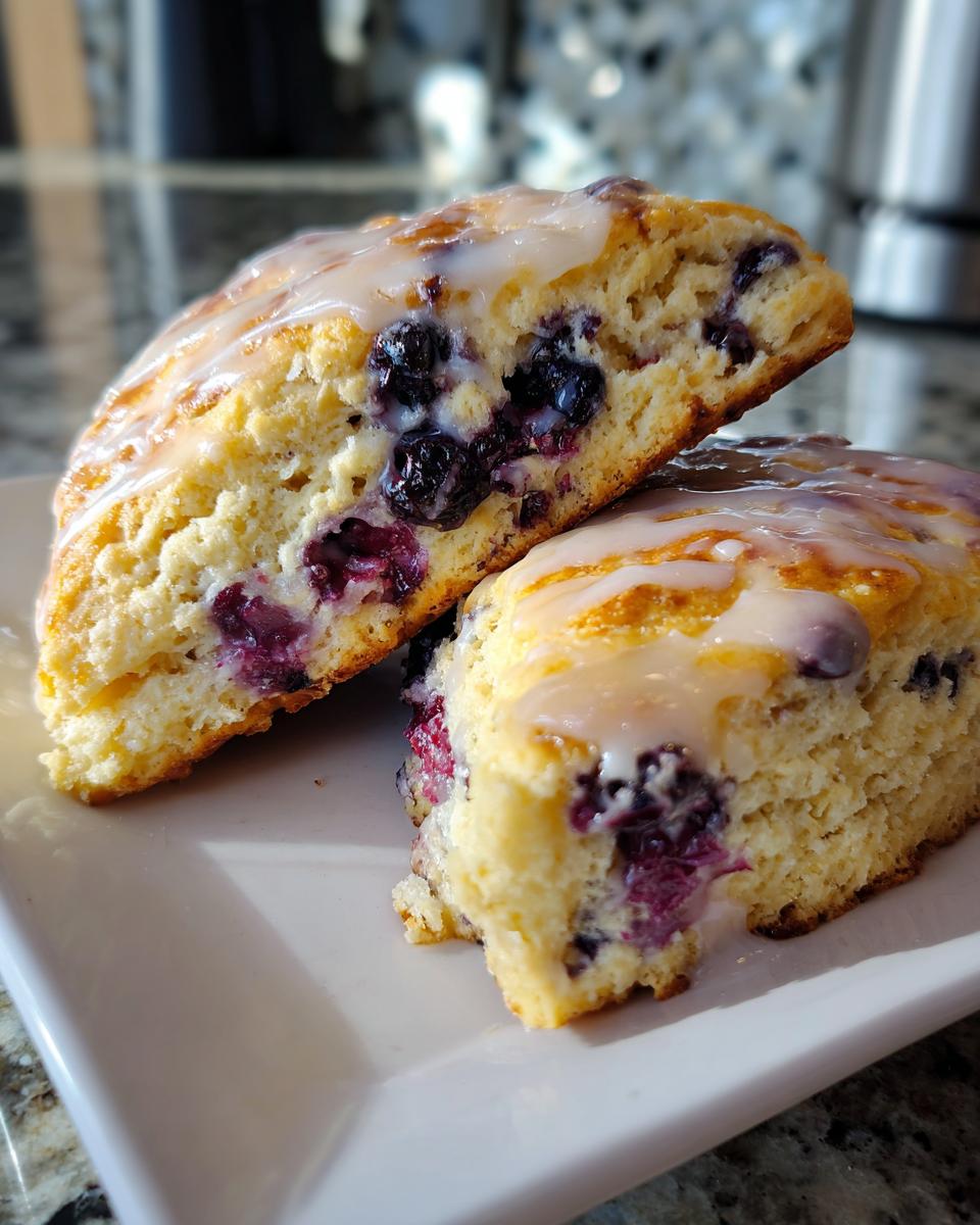 Close-up of two flaky blueberry scones topped with a white glaze, showcasing juicy blueberries within.