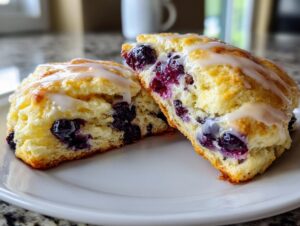 Close-up of two flaky blueberry scones drizzled with a white glaze on a white plate.