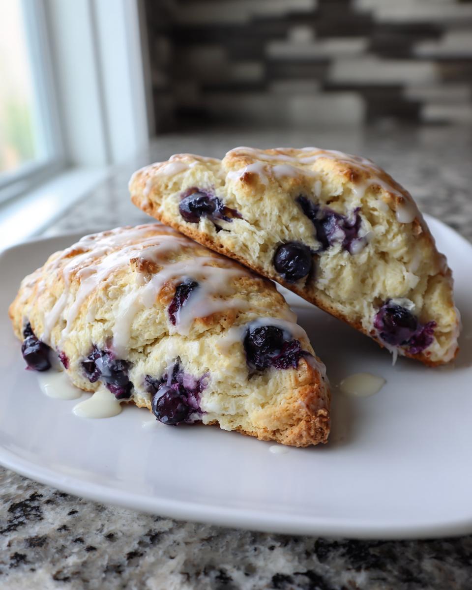 Two halves of a flaky blueberry scone, drizzled with white glaze, on a white plate.
