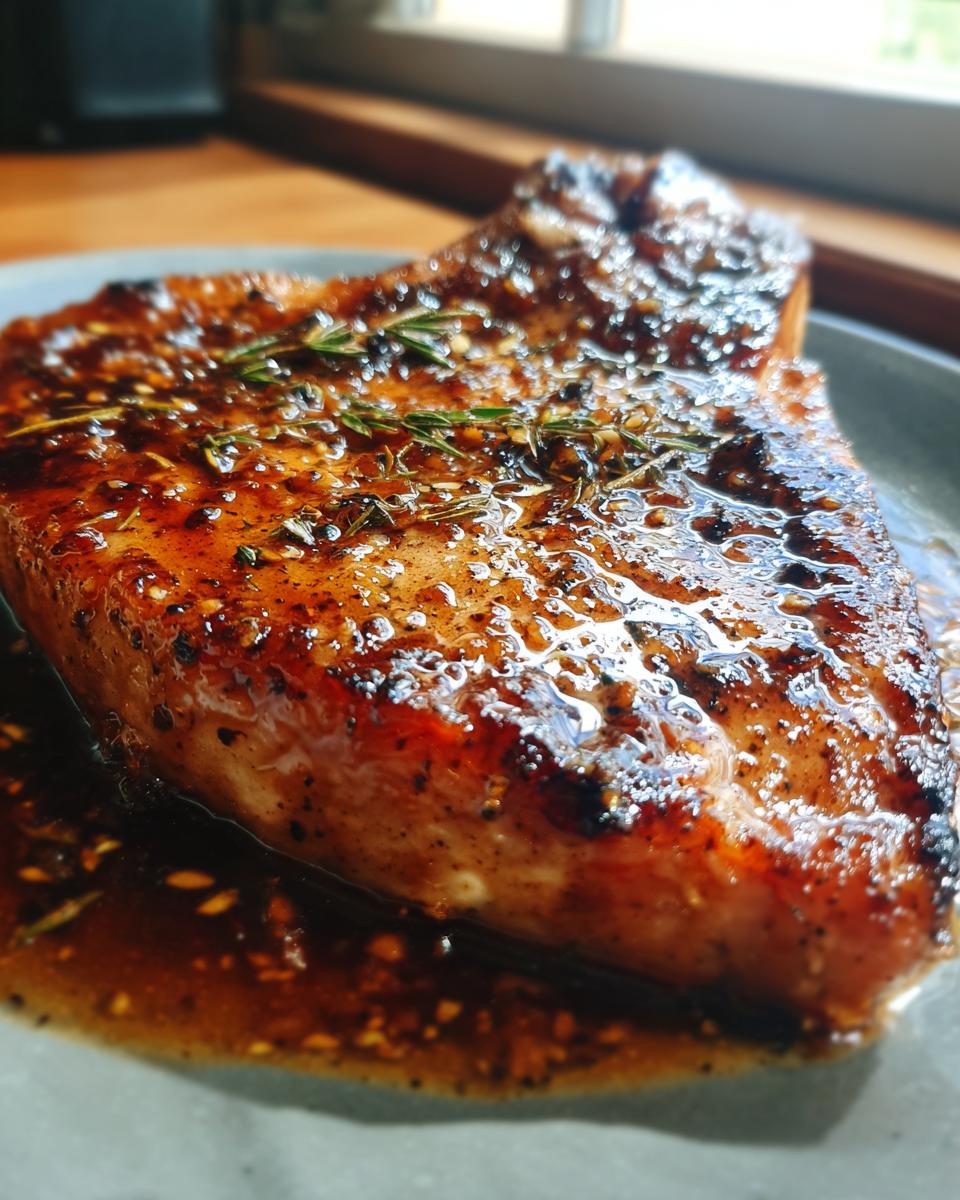Close-up of a juicy brown sugar garlic pork chop glazed with herbs and spices.
