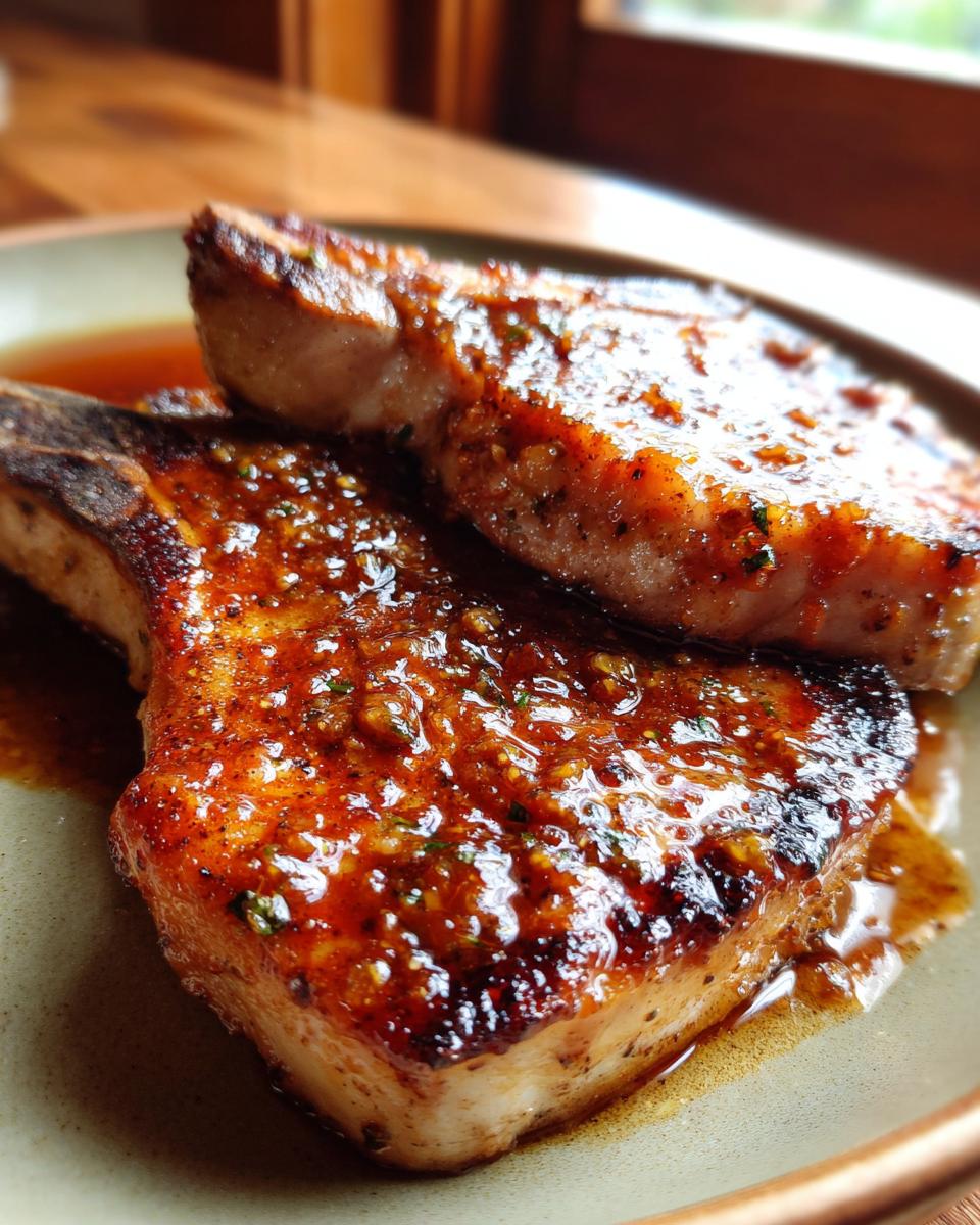 Close-up of two juicy brown sugar garlic pork chops coated in a glossy glaze, served on a plate.