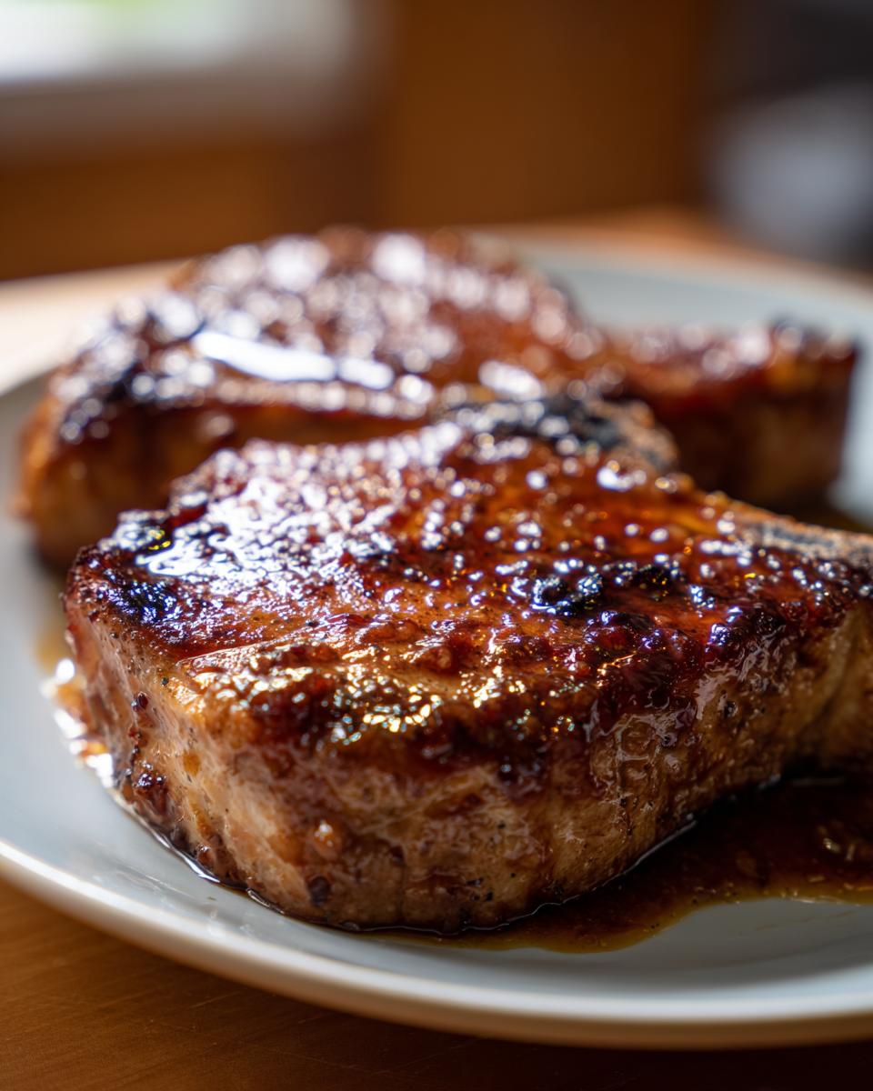 Close-up of two glistening brown sugar garlic pork chops on a plate, coated in a rich glaze.