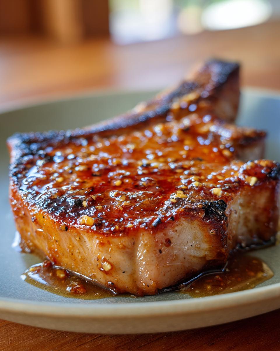 Close-up of a juicy brown sugar garlic pork chop, coated in a glistening glaze with visible garlic pieces.