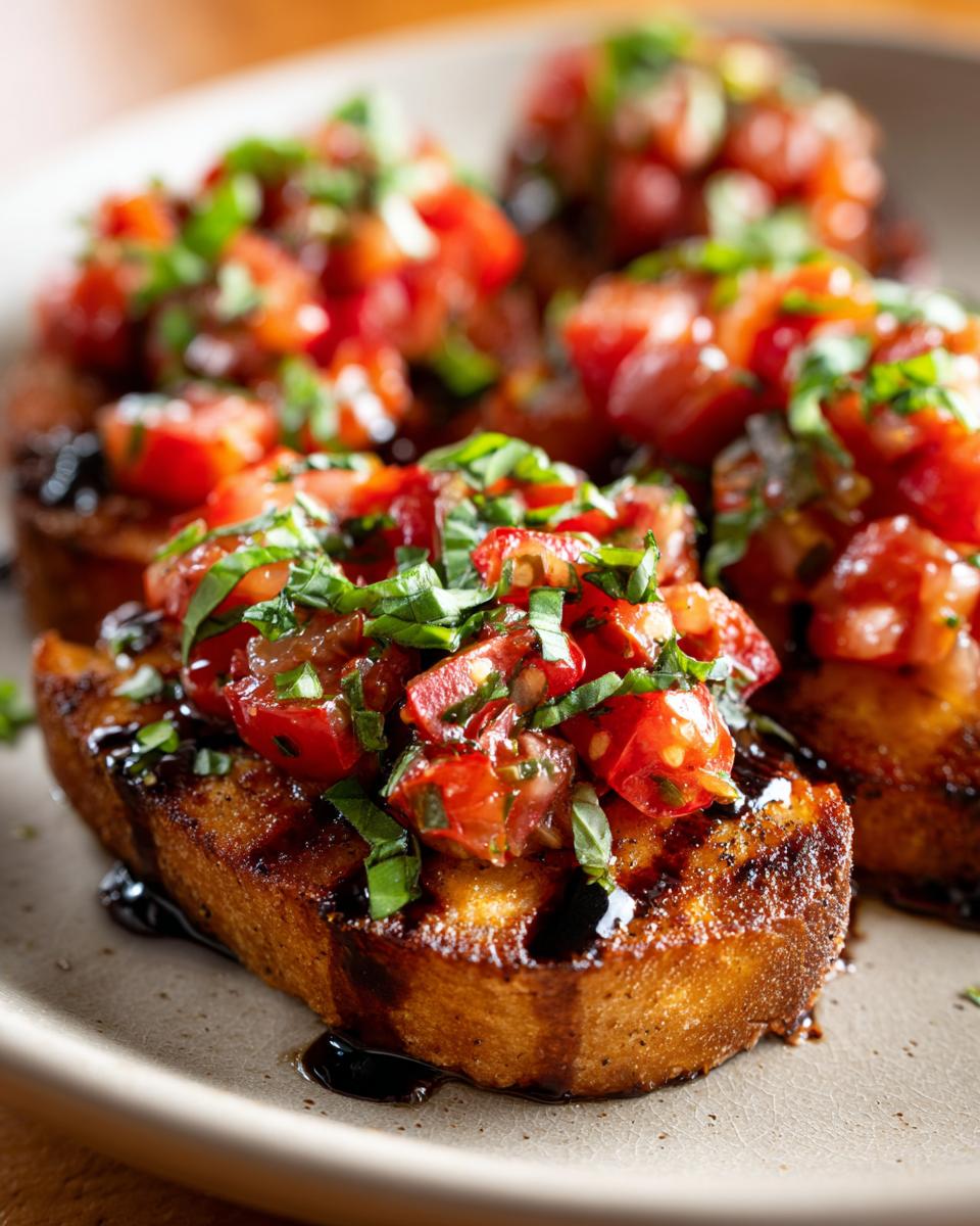 Close-up of toasted bread topped with diced tomatoes, fresh basil, and a balsamic glaze, representing Bruschetta chicken.