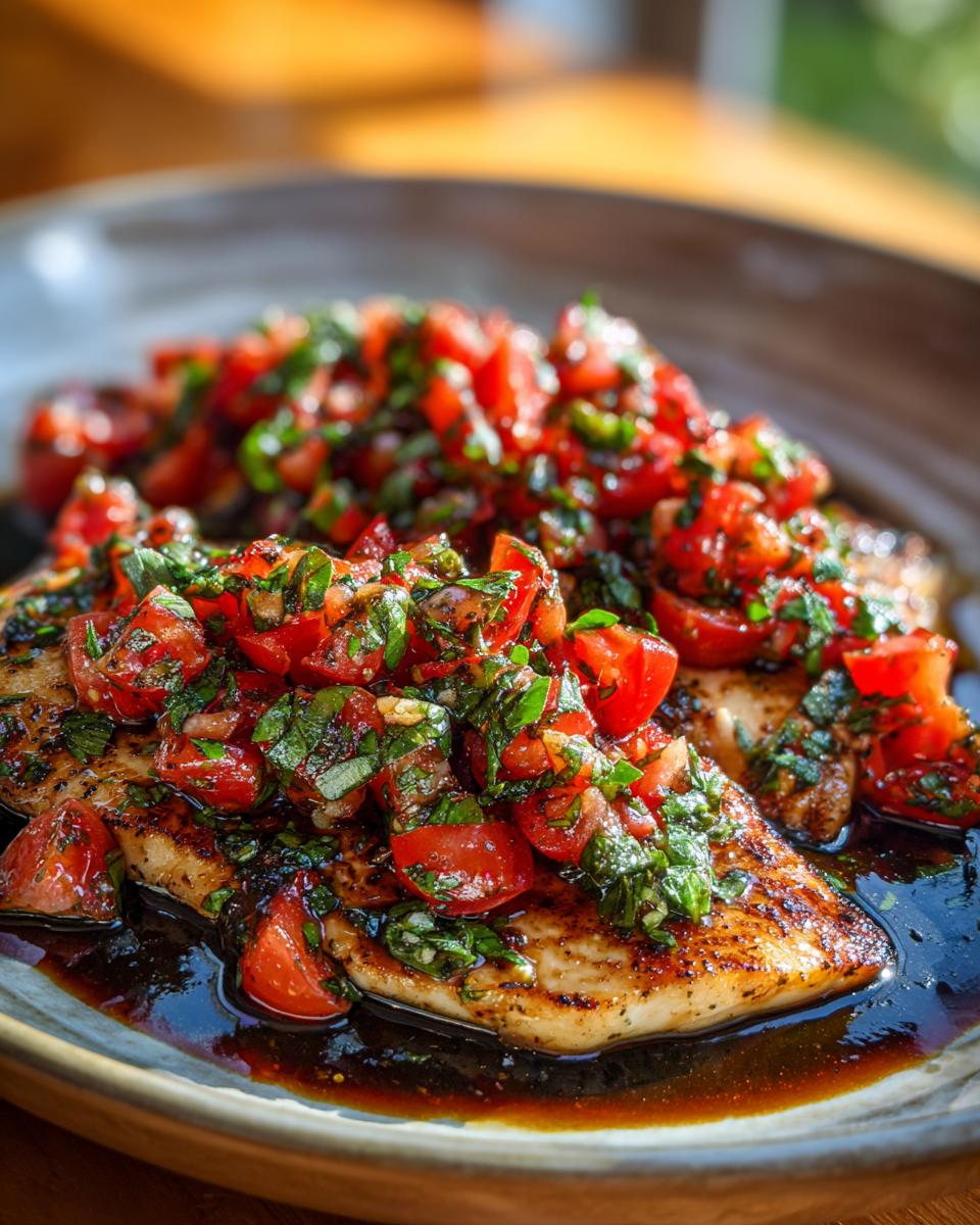 Close-up of pan-seared Bruschetta chicken topped with fresh diced tomatoes, basil, and garlic in a savory sauce.