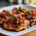 Close-up of pan-seared Bruschetta chicken topped with fresh tomatoes and basil, drizzled with balsamic glaze.