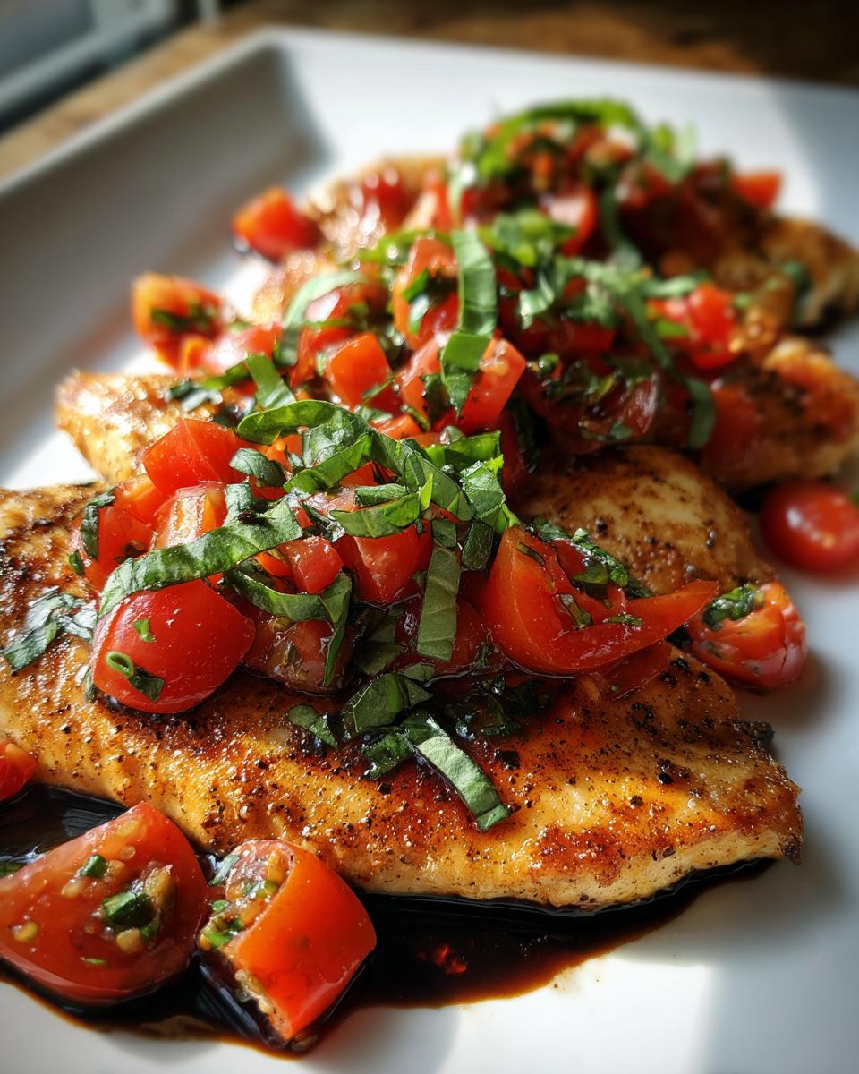Close-up of pan-seared Bruschetta chicken topped with fresh diced tomatoes and basil, drizzled with balsamic glaze.