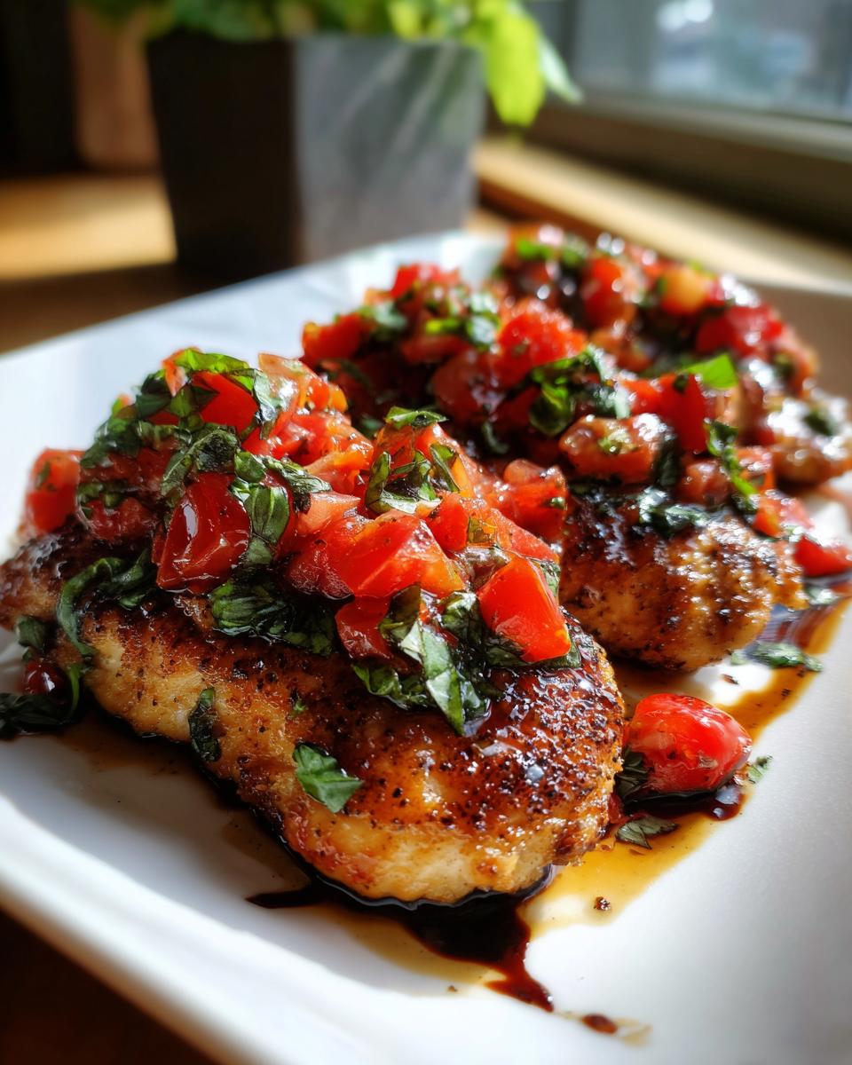 Close-up of pan-seared Bruschetta chicken topped with fresh diced tomatoes and basil, drizzled with balsamic glaze.
