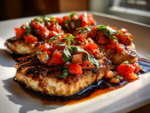 Close-up of grilled Bruschetta chicken topped with fresh diced tomatoes and basil, served with a balsamic glaze.