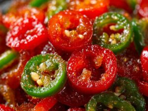 A close-up, macro shot of glistening candied jalapenos, showing both red and green slices coated in a sweet syrup.
