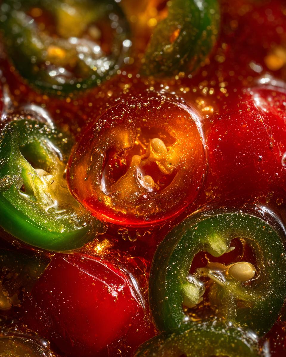 Close-up macro shot of sliced candied jalapenos, both green and red, submerged in a glistening amber syrup.