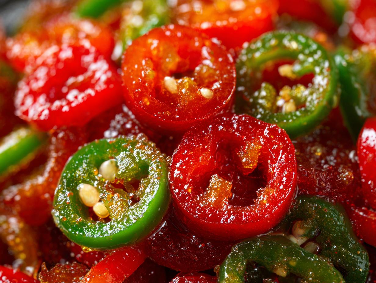 A close-up, macro shot of glistening candied jalapenos, showing both red and green slices coated in a sweet syrup.