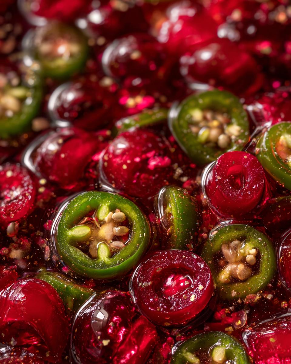 A vibrant close-up of sliced candied jalapenos suspended in a glistening red syrup, showcasing their seeds.