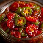 Close-up shot of vibrant candied jalapenos with red cherry tomatoes in a glistening syrup.