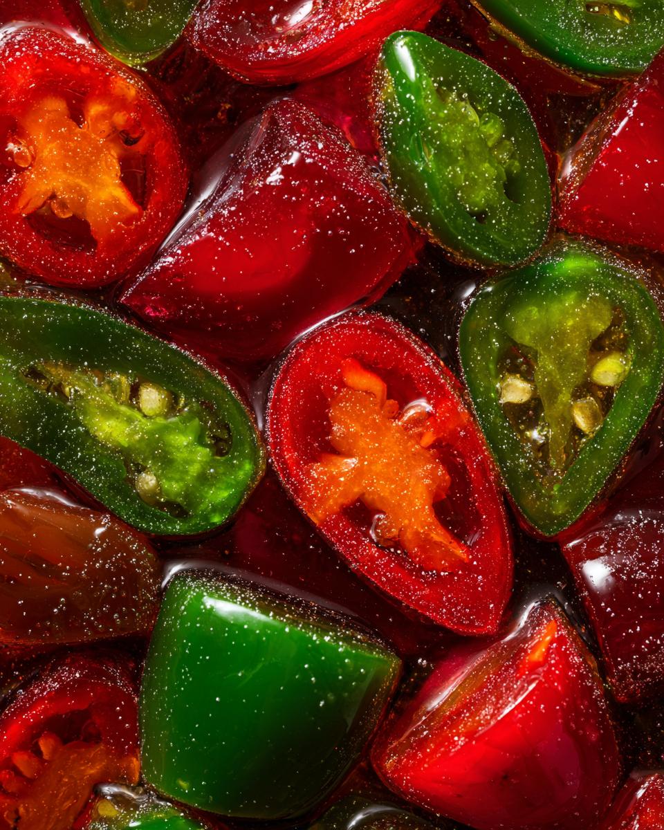Close-up of bright red and green candied jalapenos submerged in a glossy syrup.