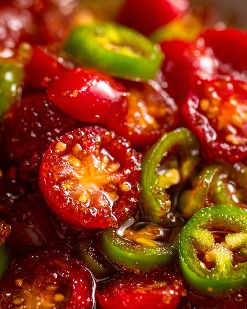 Close-up view of glistening candied jalapenos and halved cherry tomatoes in a sweet syrup.