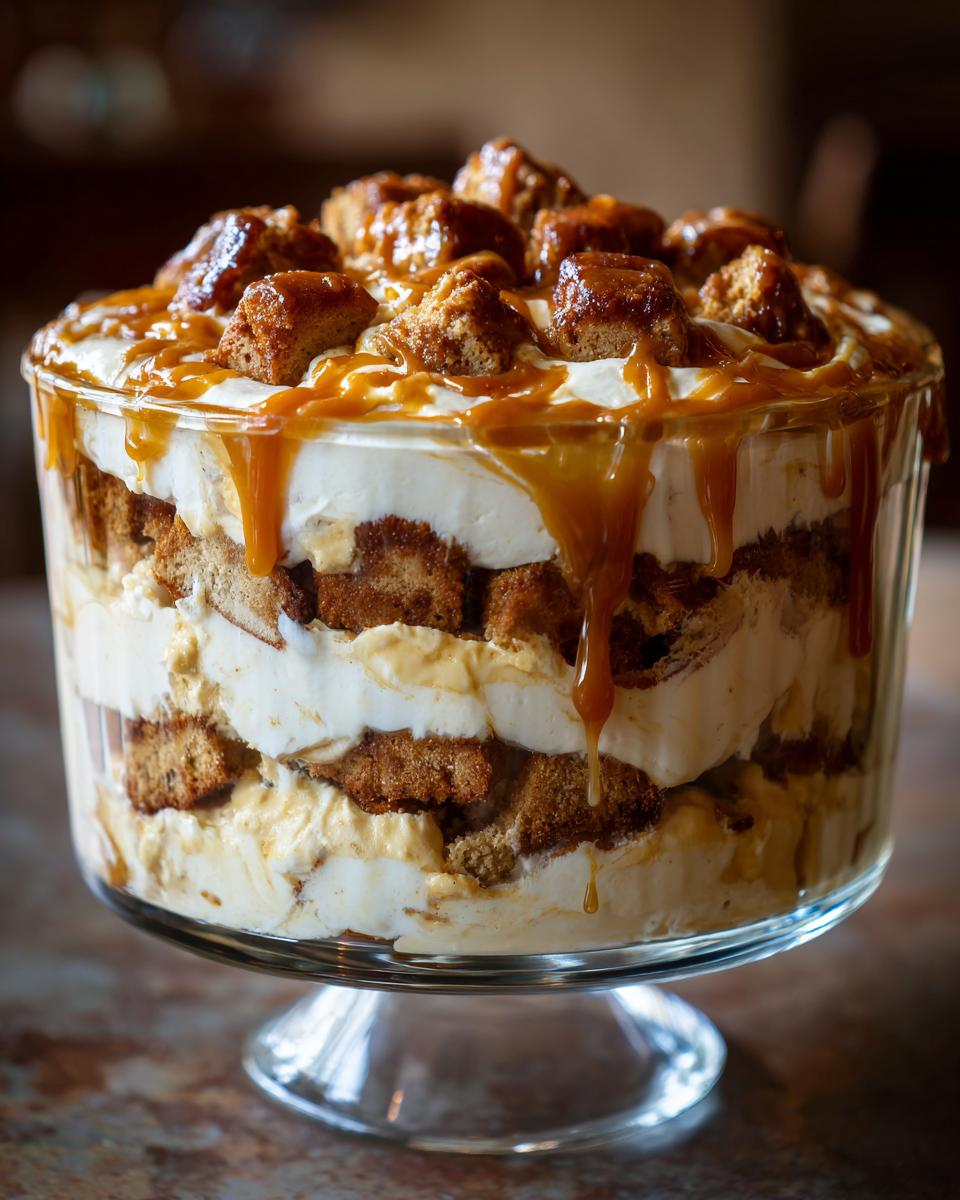 A beautiful layered caramel cookie trifle in a glass bowl, topped with whipped cream and caramel sauce.
