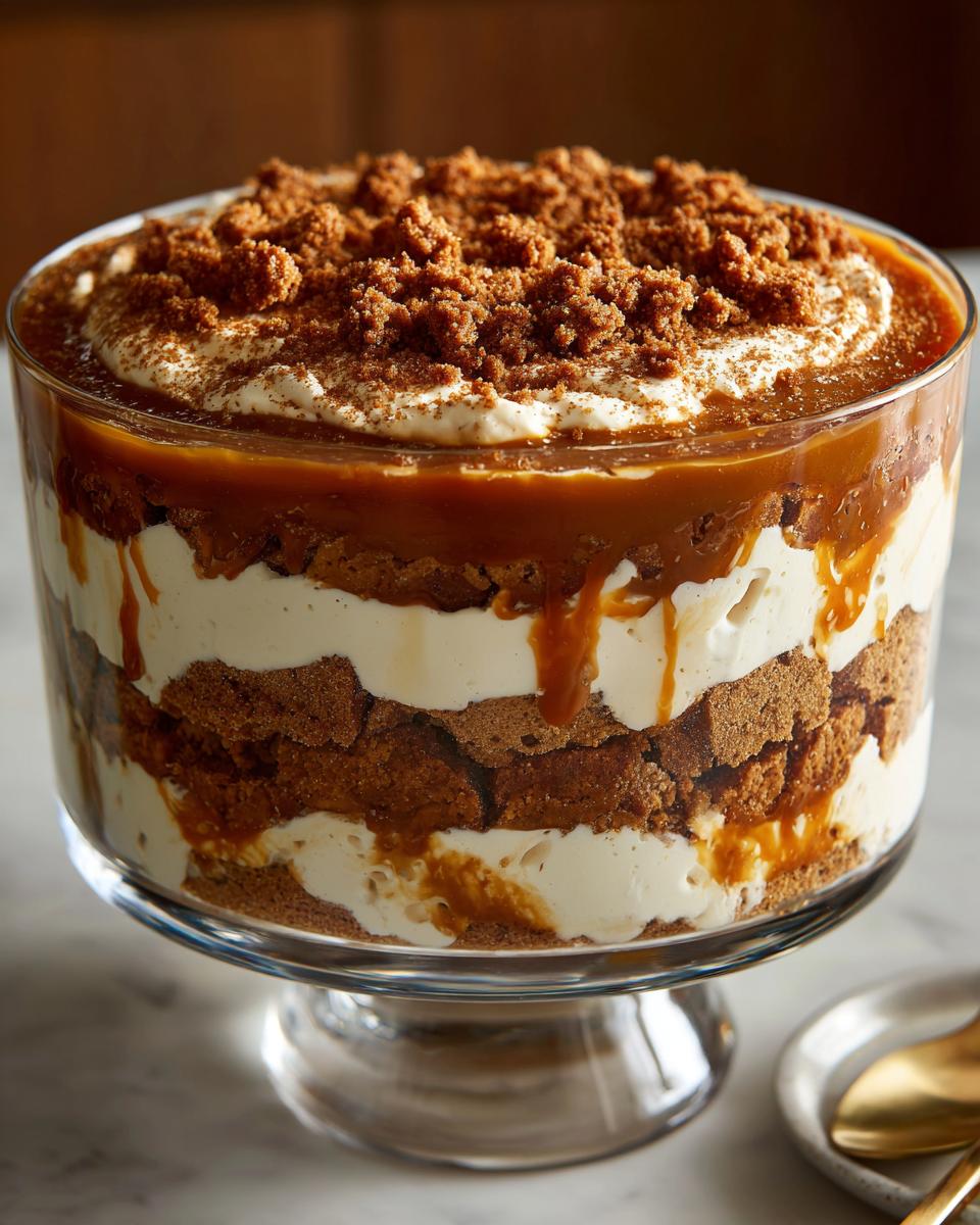 A close-up of a caramel cookie trifle in a glass bowl, showing layers of cookies, cream, and caramel sauce.