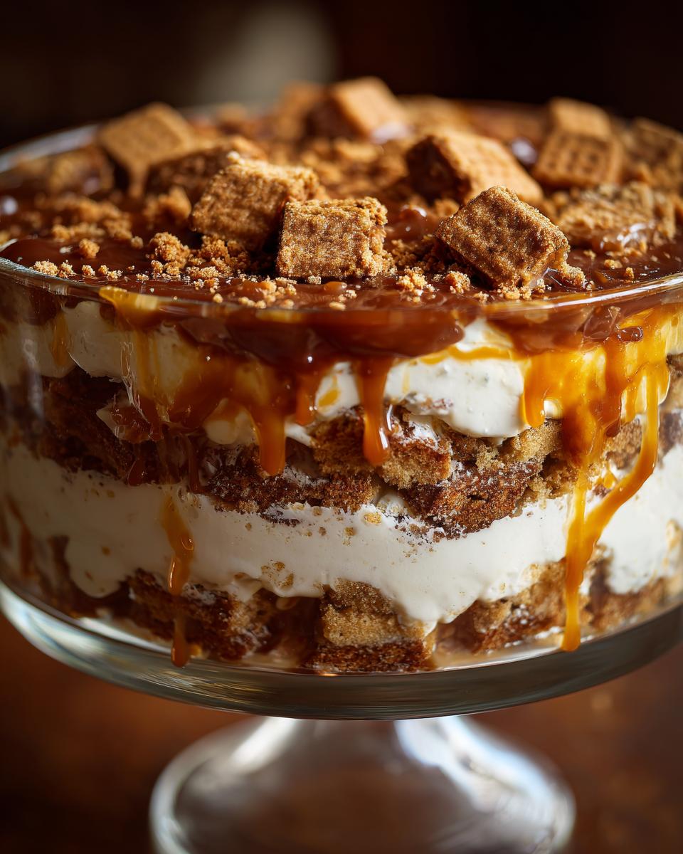 Close-up of a caramel cookie trifle in a glass bowl, showing layers of cookies, cream, and caramel sauce.
