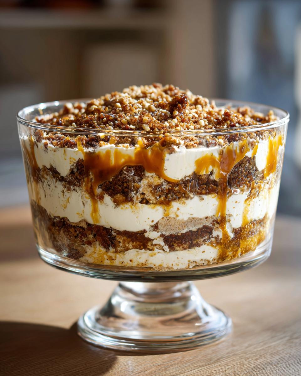 Close-up of a layered caramel cookie trifle in a glass bowl, with whipped cream, cookie crumbles, and caramel sauce.