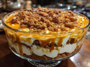 A close-up of an amazing caramel cookie trifle in a glass bowl, featuring layers of cookies, cream, and caramel.