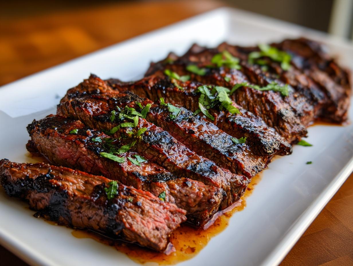 Juicy sliced carne asada steak with a rich marinade and fresh cilantro garnish.