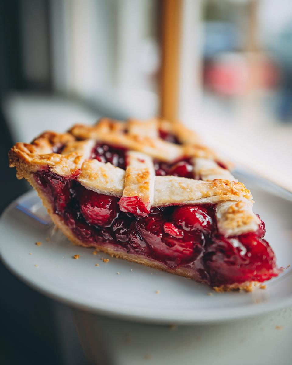 A close-up of a slice of perfect cherry pie with a golden lattice crust and a juicy cherry filling.
