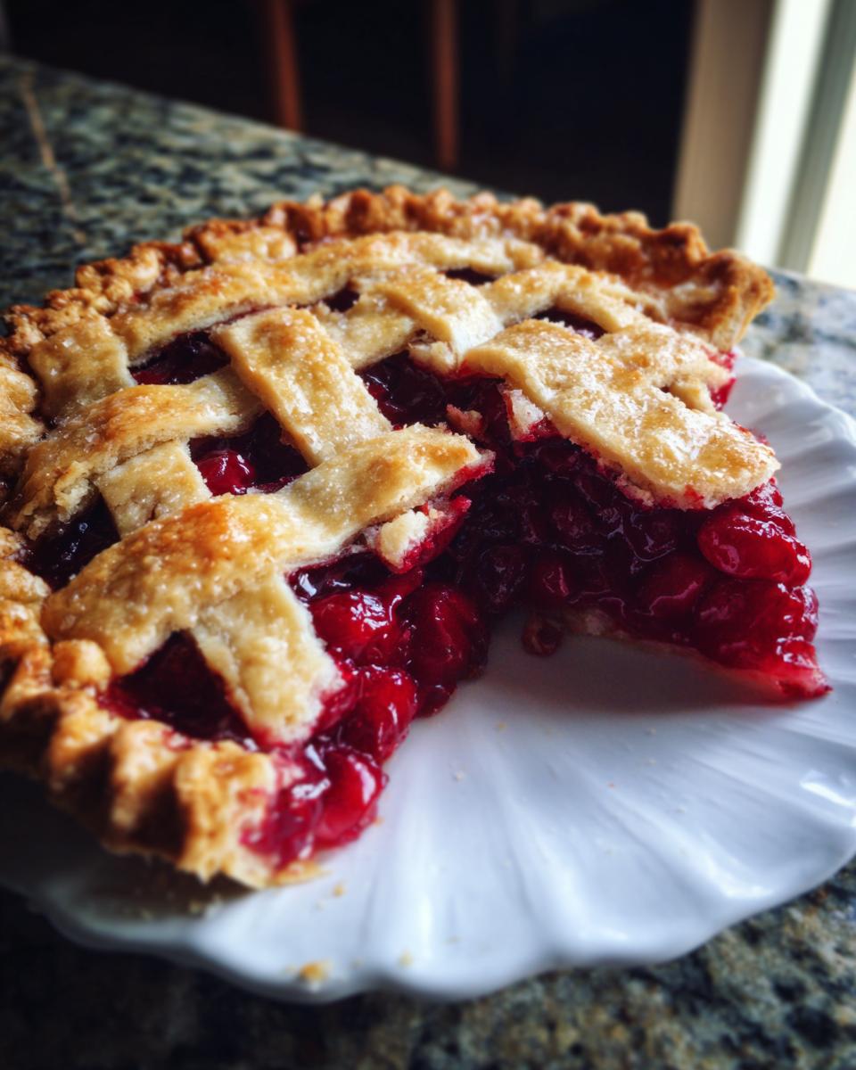 A close-up of a slice of perfect cherry pie with a golden lattice crust and juicy red cherries.