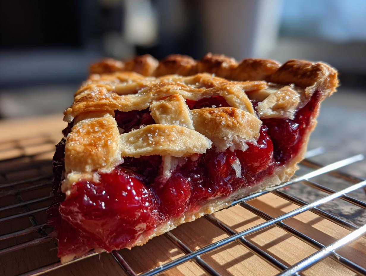 A close-up of a perfect cherry pie slice, showcasing its glistening cherry filling and buttery lattice crust.