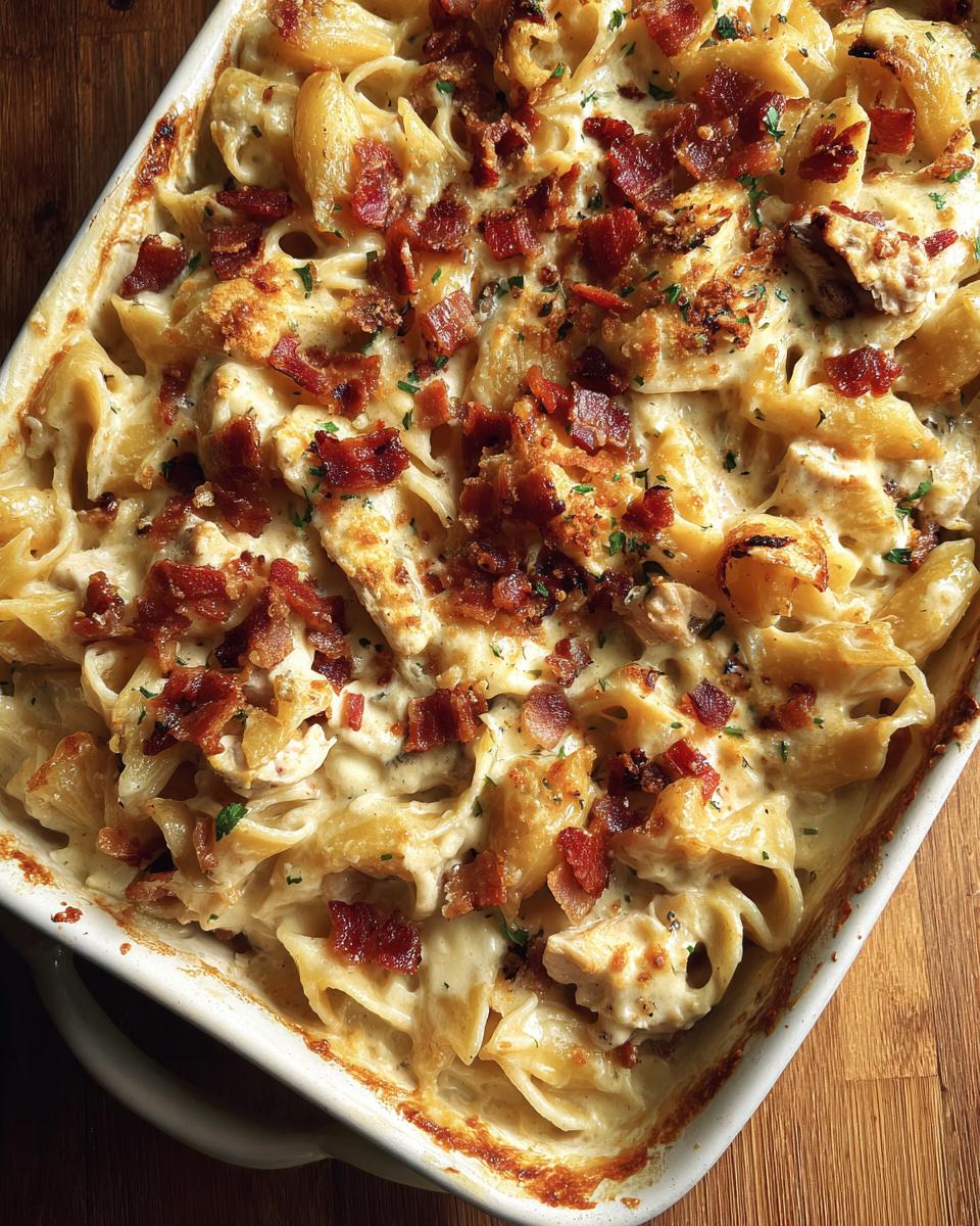 Close-up of a baked Chicken Bacon Ranch Casserole in a white dish, topped with crispy bacon and parsley.