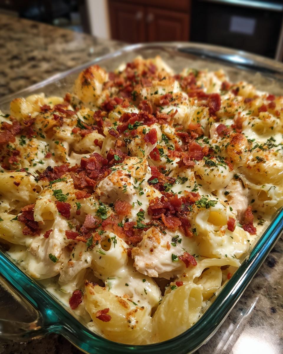 A close-up of a bubbly Chicken Bacon Ranch Casserole in a glass baking dish, topped with crispy bacon and fresh parsley.