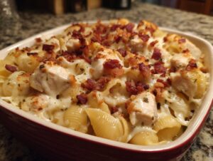 A close-up view of a freshly baked Chicken Bacon Ranch Casserole in a red baking dish, topped with crispy bacon and herbs.