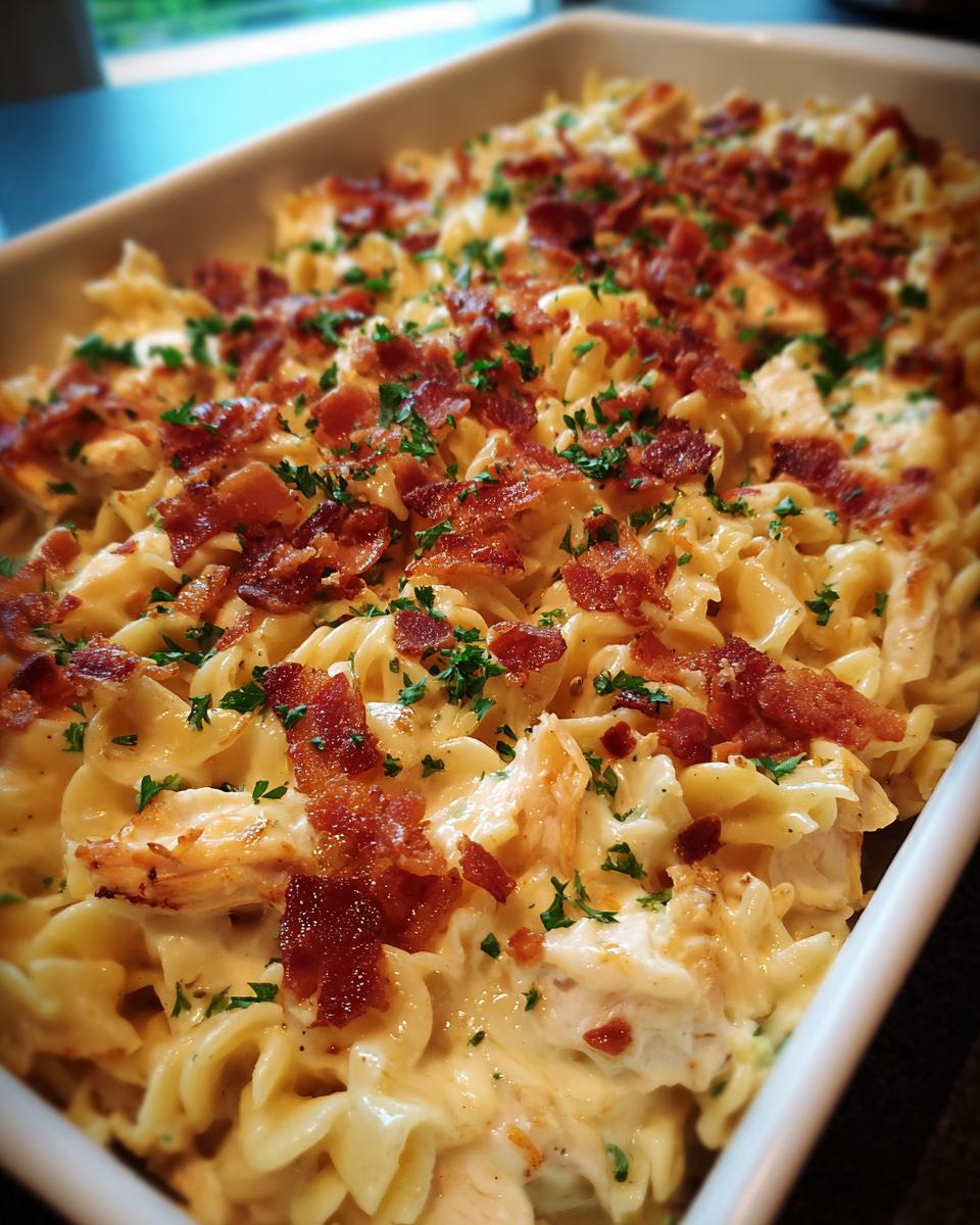 A close-up view of a creamy chicken bacon ranch casserole with rotini pasta, topped with crispy bacon and parsley.