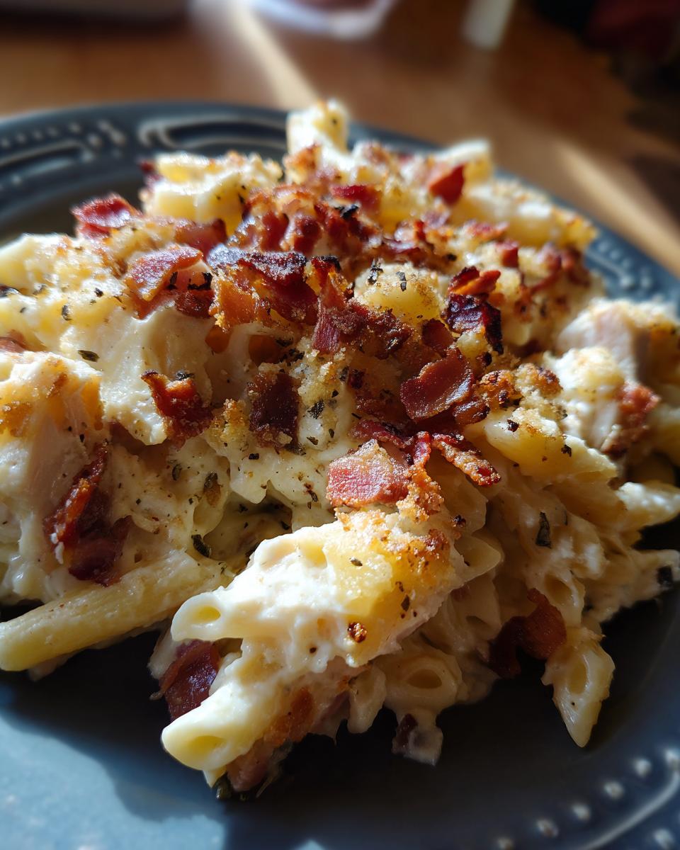 Close-up of a serving of chicken bacon ranch casserole with penne pasta, creamy sauce, and crispy bacon bits.