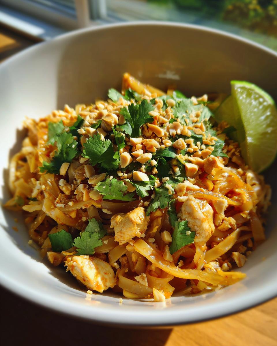 A close-up of a bowl of Chicken Pad Thai, topped with crushed peanuts, fresh cilantro, and a lime wedge.