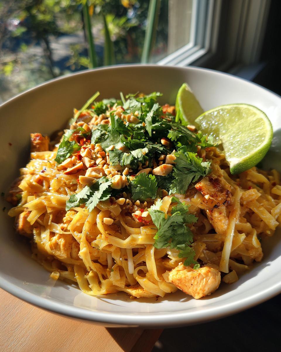 A close-up of a bowl of Chicken Pad Thai, garnished with fresh cilantro, crushed peanuts, and lime wedges.