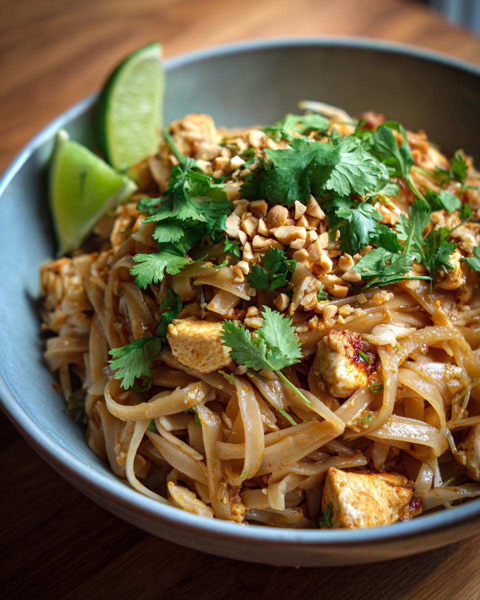 A close-up of a bowl of Chicken Pad Thai, featuring rice noodles, chicken pieces, chopped peanuts, and fresh cilantro, with lime wedges on the side.