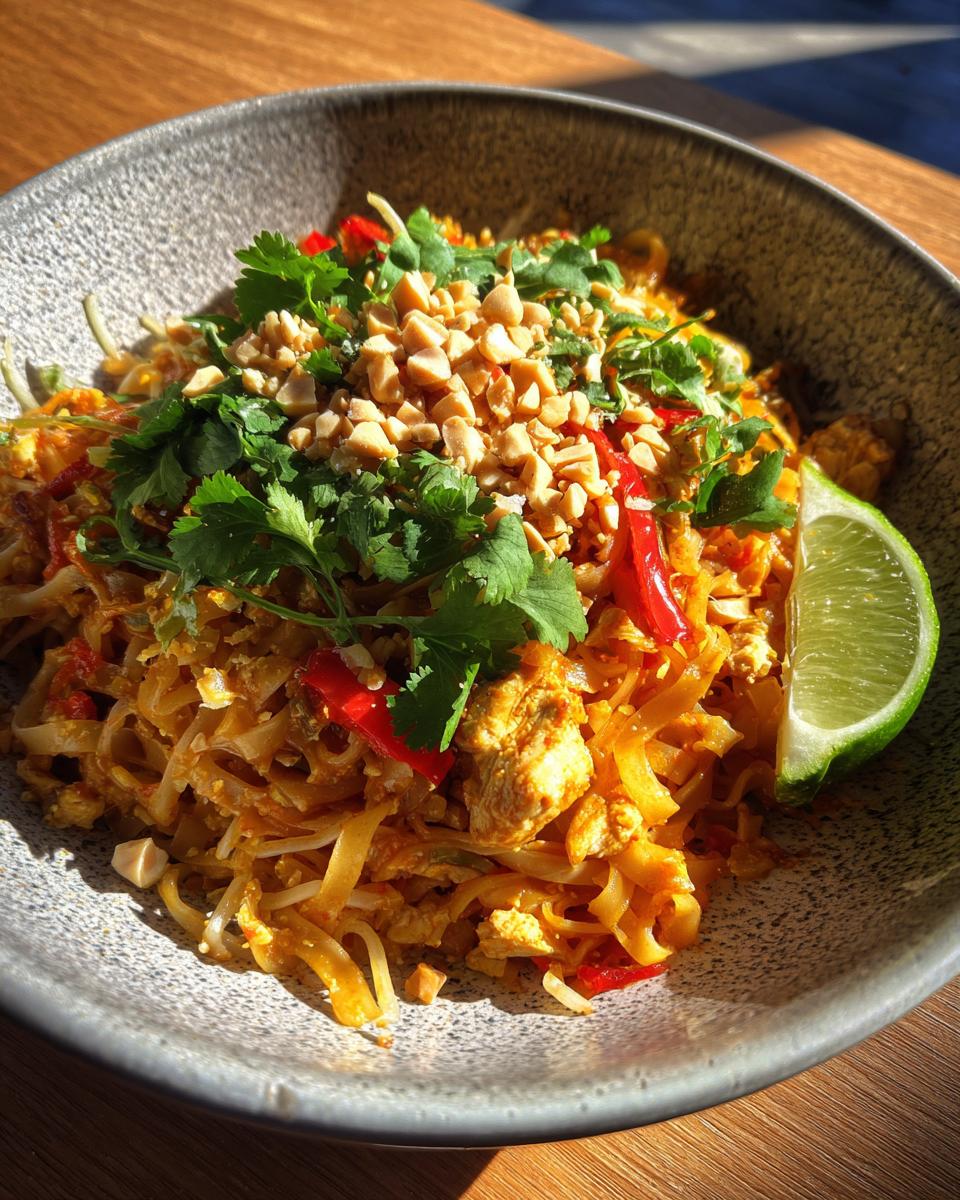 A close-up of a bowl of Chicken Pad Thai, garnished with chopped peanuts, cilantro, red chili, and a lime wedge.