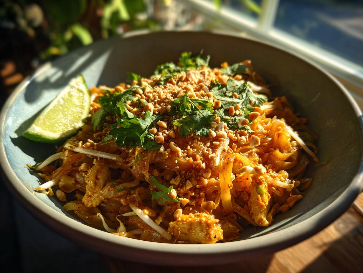 A close-up of a bowl of Chicken Pad Thai, garnished with cilantro, crushed peanuts, and a lime wedge.