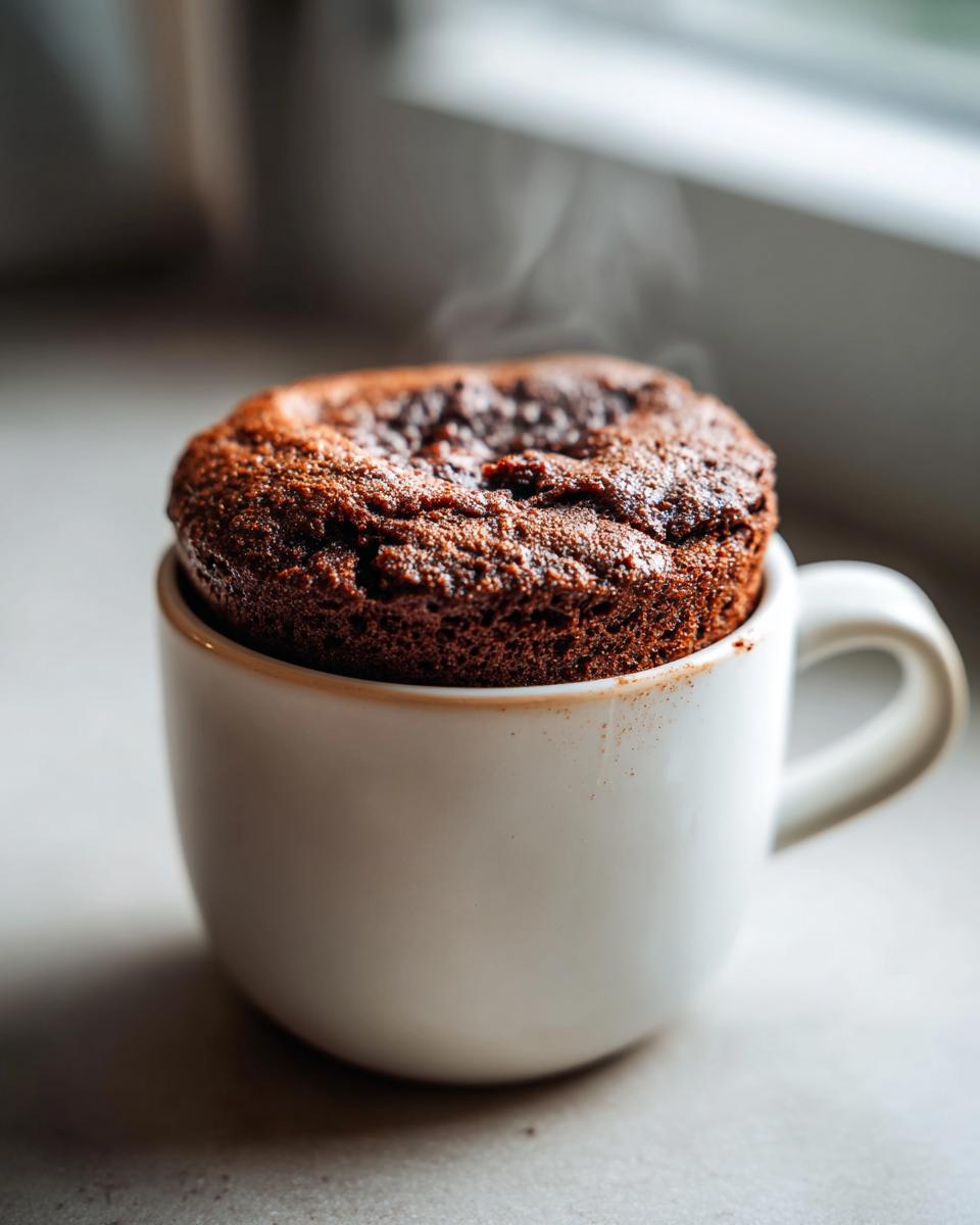 A warm, chocolate protein mug cake is steaming in a white mug, ready to be enjoyed.