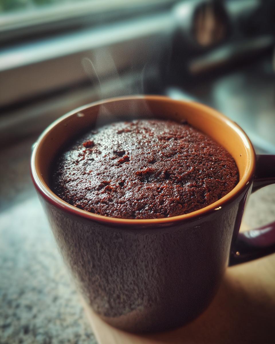 A close-up shot of a steaming chocolate protein mug cake fresh from the microwave.