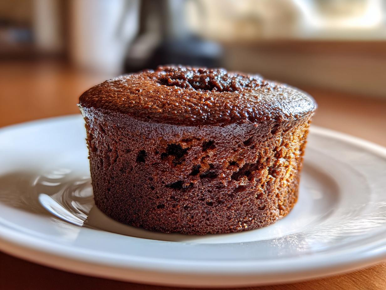 A single, rich chocolate protein mug cake served on a white plate, ready to be enjoyed.