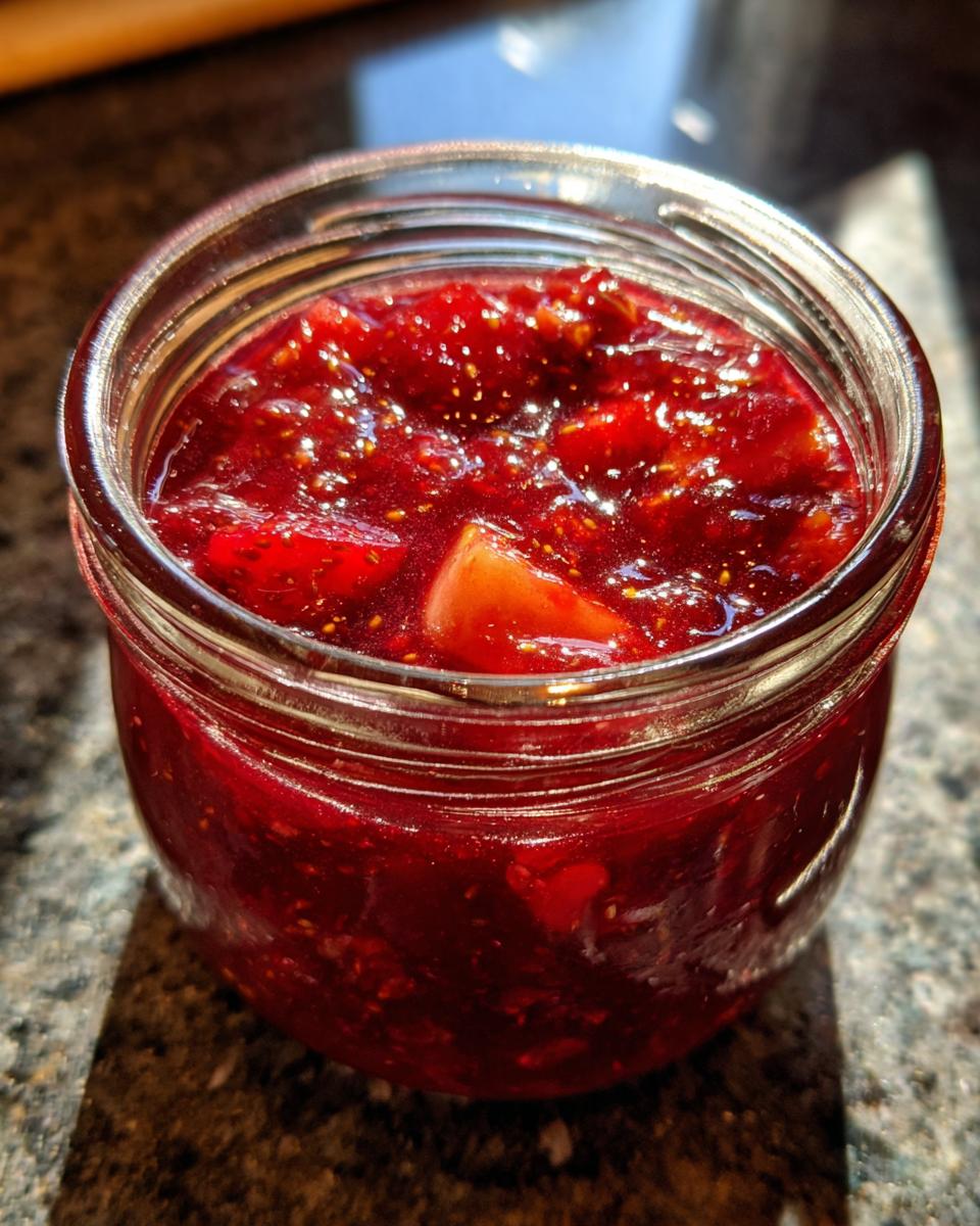 Close-up of a glass jar filled with glistening, homemade christmas jam, showcasing chunks of fruit.