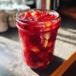 A close-up of a glass jar filled with vibrant red christmas jam, showcasing chunks of fruit.